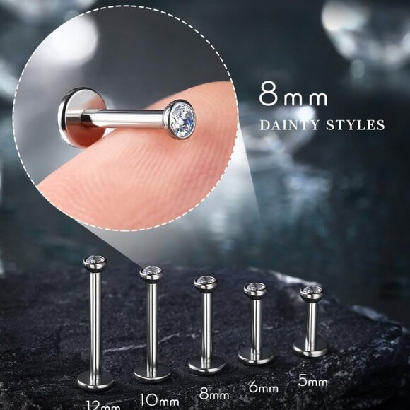 2Pcs 20G/18G/16G G23 Titanium Threadless Nose Stud Earrings Flat Back Tiny CZ Sm - Picture 9 of 9